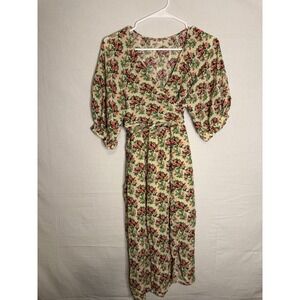 Urban Outfitters Floral Wrap Midi Dress Cream Pink Sleeve Boho Cottagecore